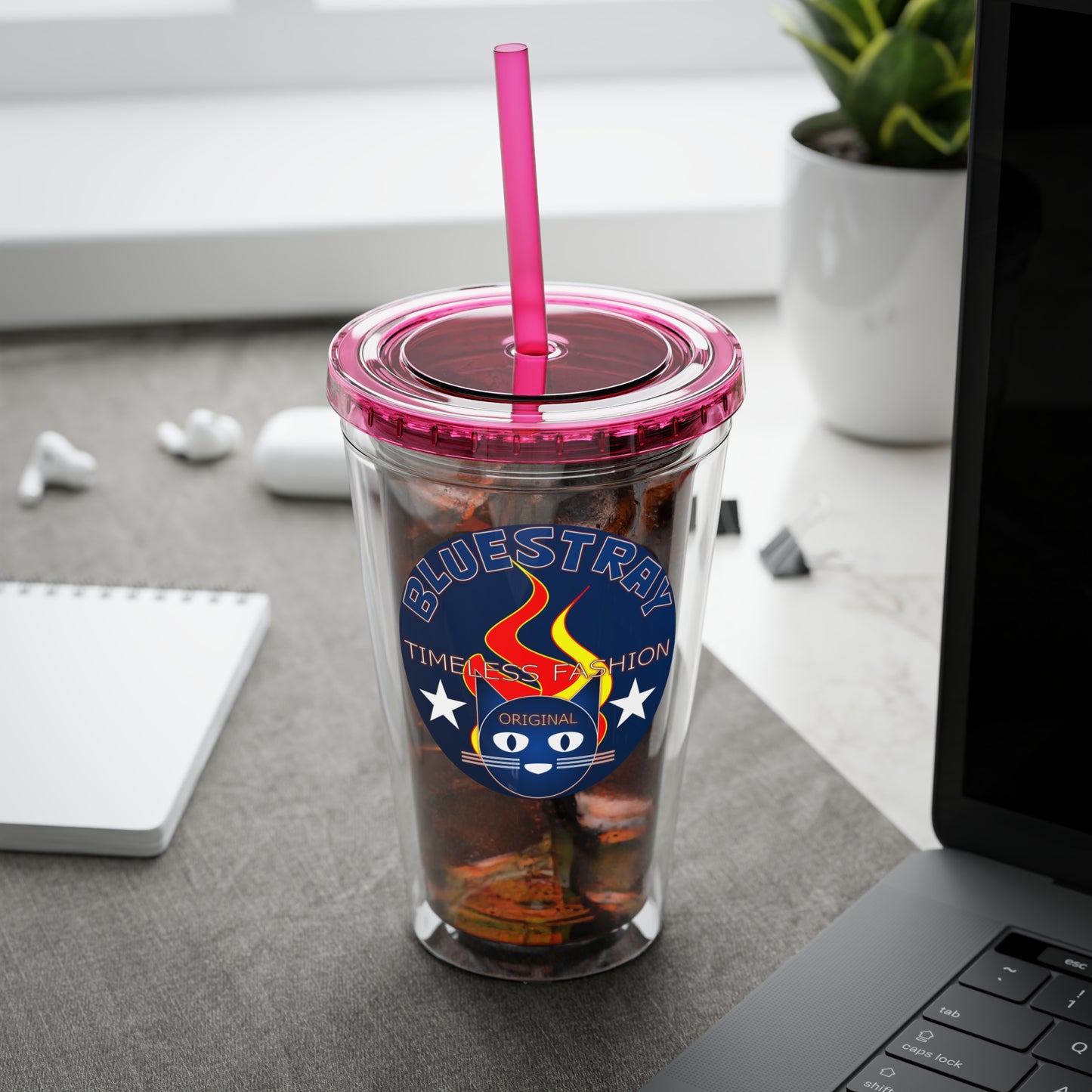 Sunsplash 16oz Clear Tumbler with Straw — Retro Bluestray Flame Crest Design