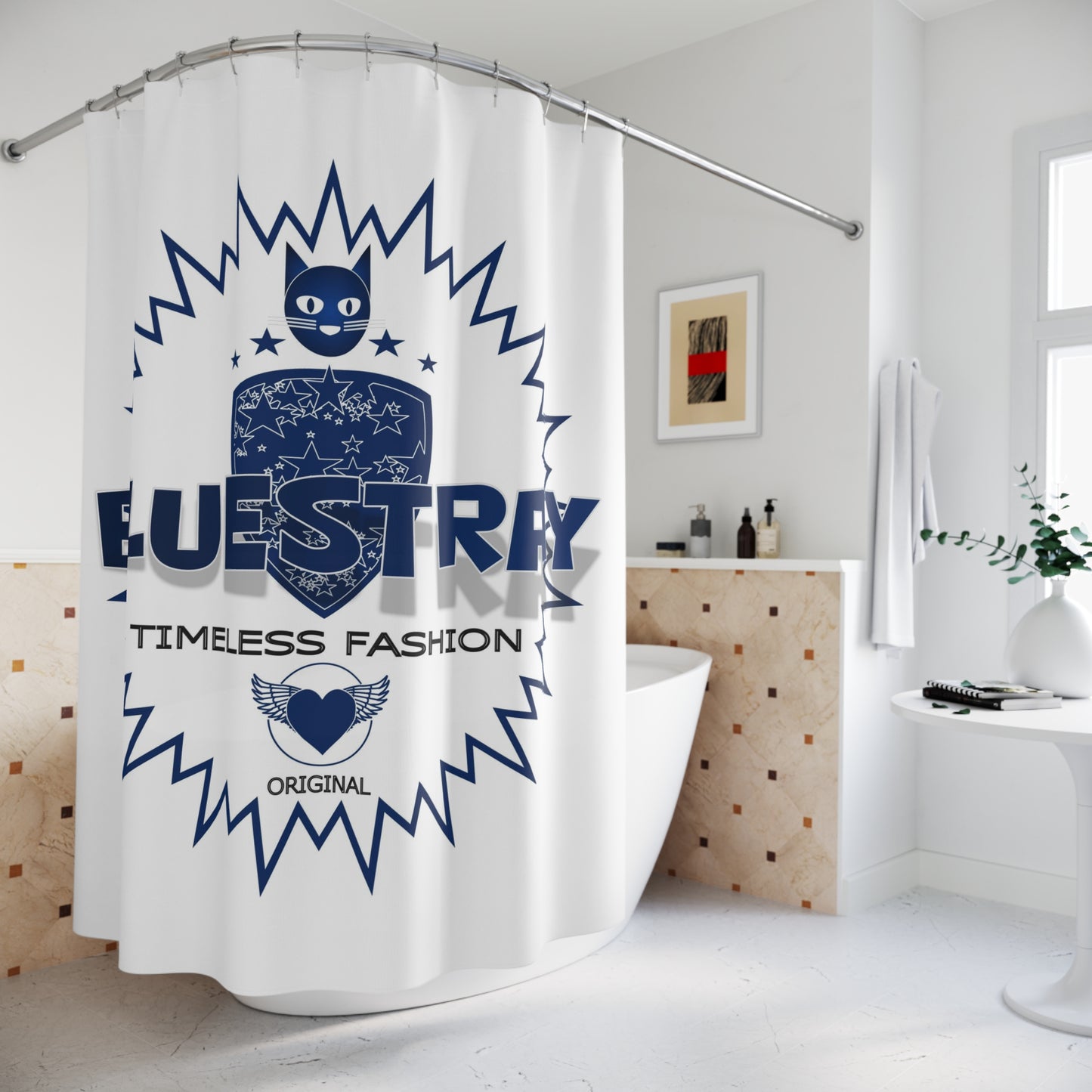 Bluestray Cat Logo Shower Curtain — Nautical Navy Graphic Bathroom Decor