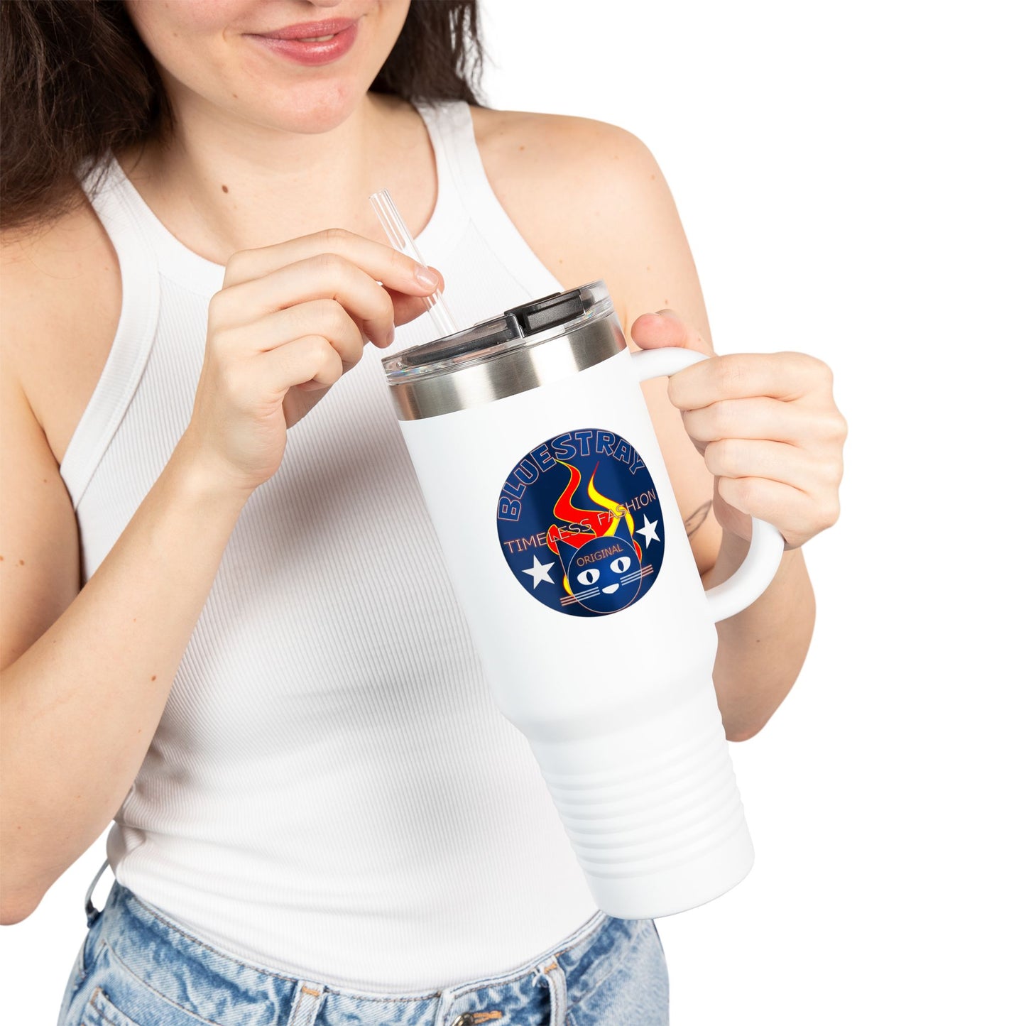 40oz Insulated Travel Mug — Questing Bluestray Cat Logo, Retro Space Adventure Design