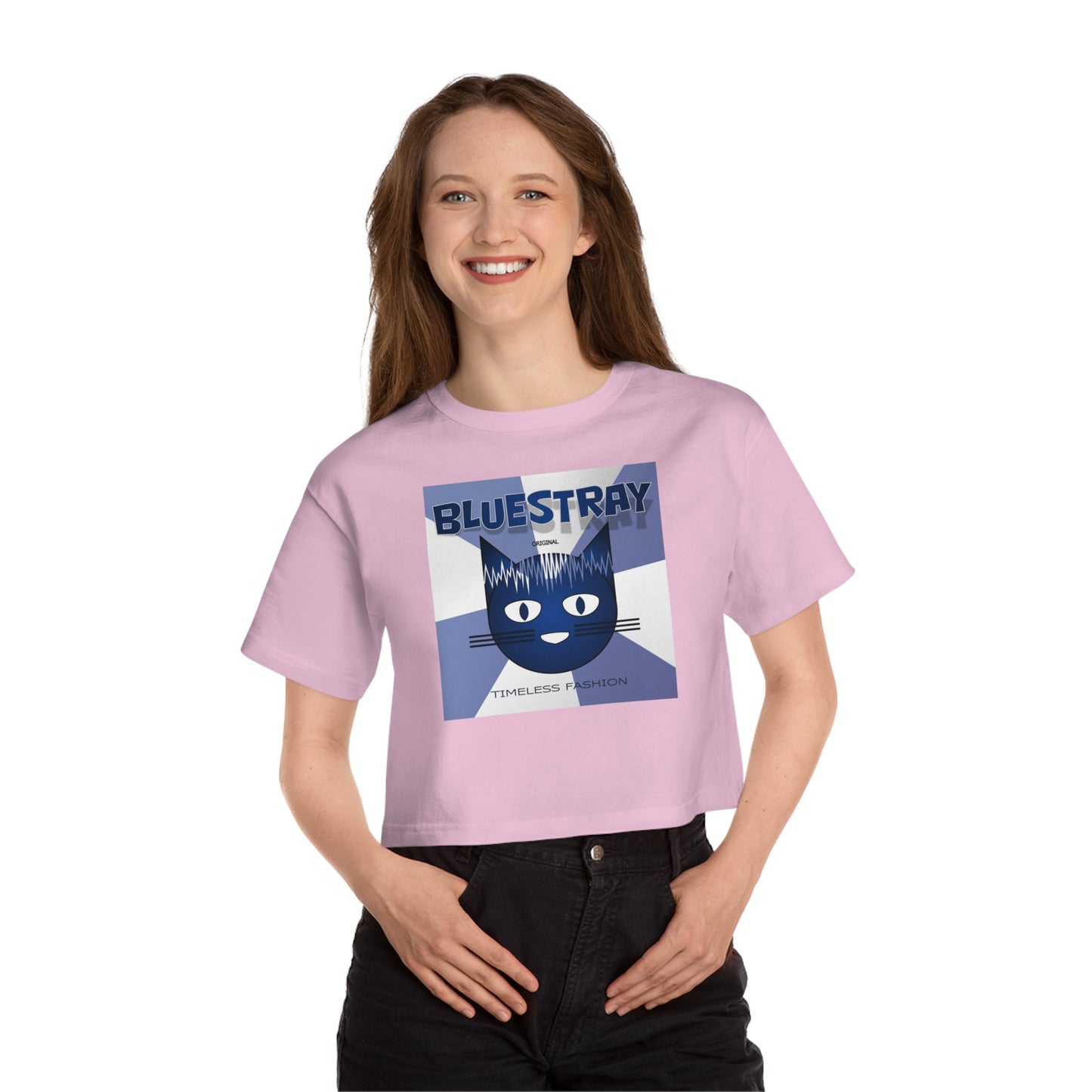 Bluestray Cat Graphic Cropped Tee — Vintage-Inspired Women's Champion Shirt