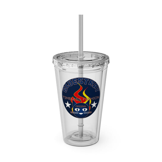 Sunsplash 16oz Clear Tumbler with Straw — Retro Bluestray Flame Crest Design