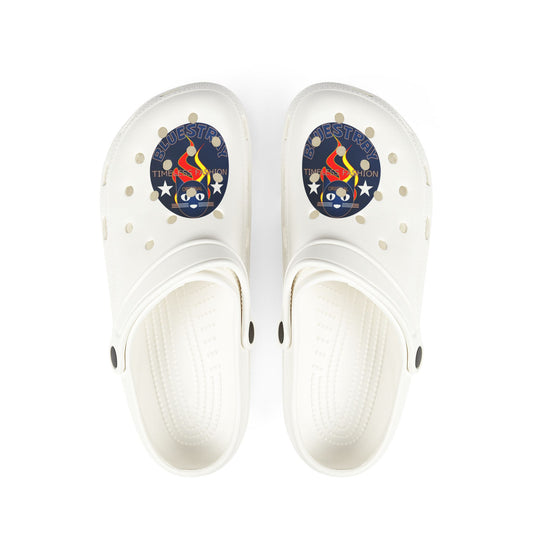 Camping Flame Clogs — White EVA Foam Slip-On Shoes with Bluestray Graphic