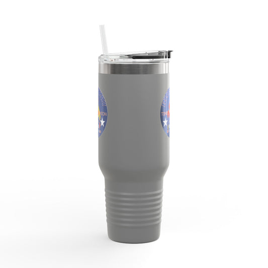 40oz Insulated Travel Mug — Questing Bluestray Cat Logo, Retro Space Adventure Design