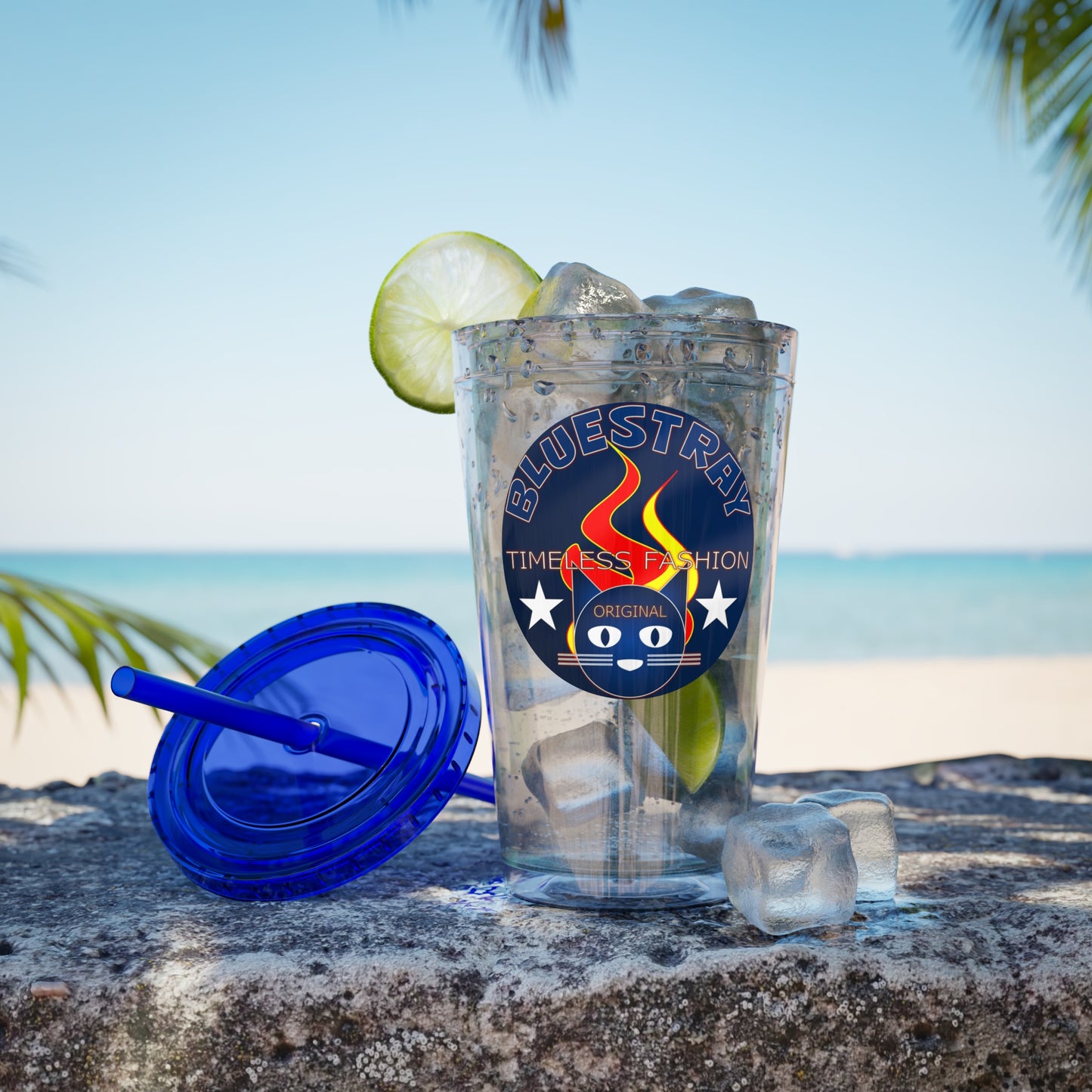 Sunsplash 16oz Clear Tumbler with Straw — Retro Bluestray Flame Crest Design
