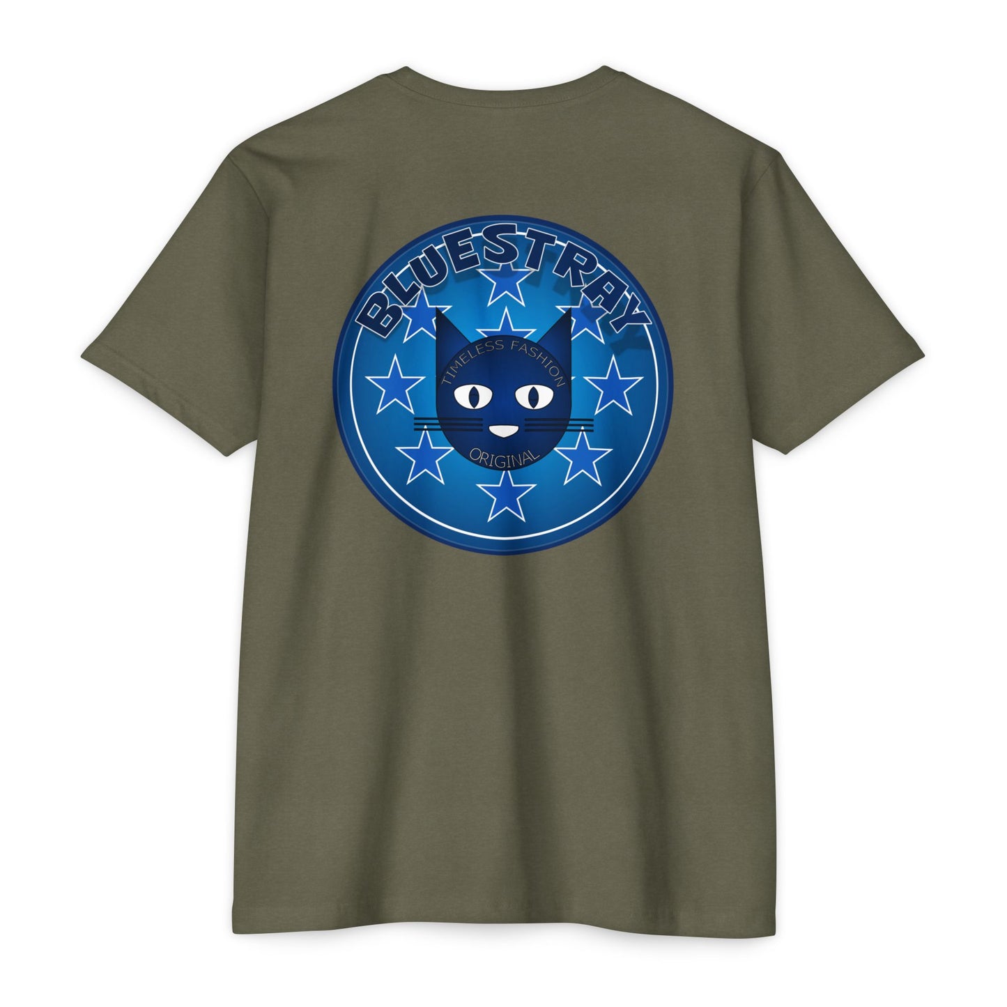 Bluestray Cat Graphic T-Shirt — “Bluestray” Retro Star Logo