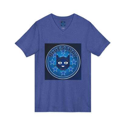 Bluestray Cat V-Neck Tee — Retro Night Sky Cat Graphic Shirt