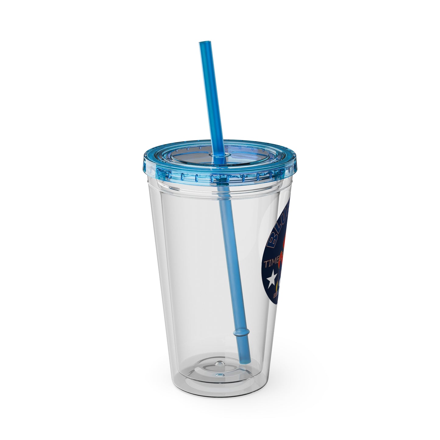 Sunsplash 16oz Clear Tumbler with Straw — Retro Bluestray Flame Crest Design