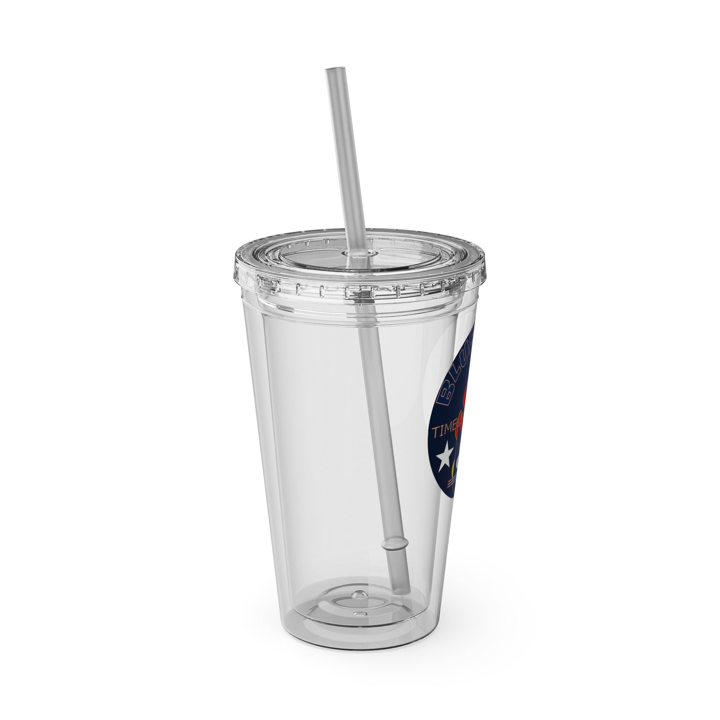 Sunsplash 16oz Clear Tumbler with Straw — Retro Bluestray Flame Crest Design