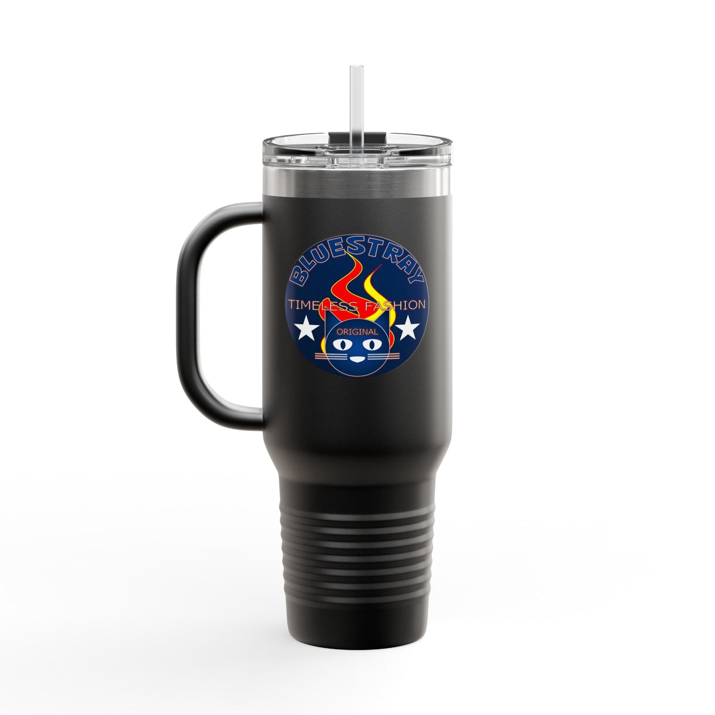 40oz Insulated Travel Mug — Questing Bluestray Cat Logo, Retro Space Adventure Design