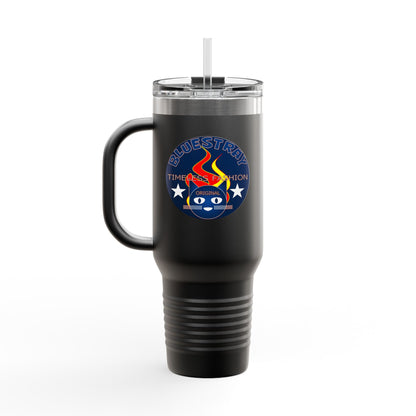 40oz Insulated Travel Mug — Questing Bluestray Cat Logo, Retro Space Adventure Design
