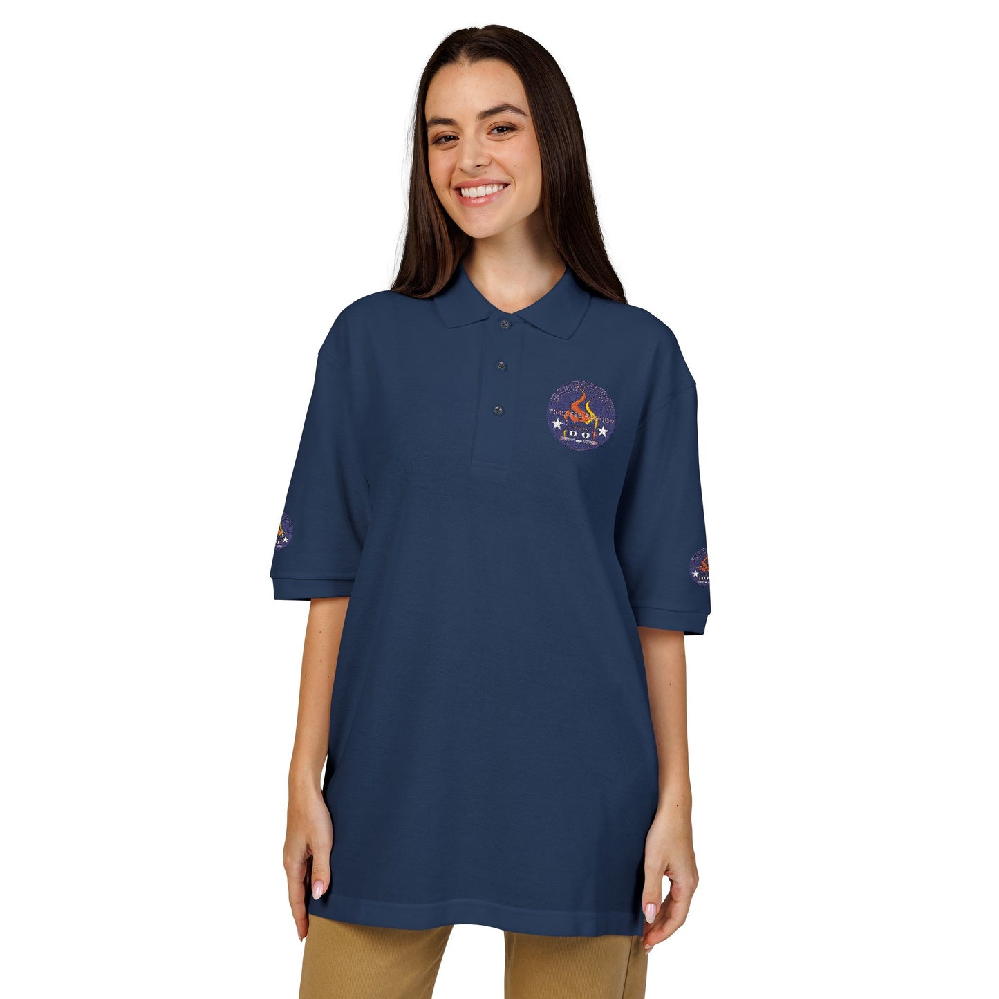 Embroidered Campfire Badge Polo — Outdoor Adventure Bluestray Logo Shirt