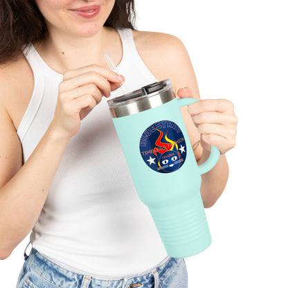 40oz Insulated Travel Mug — Questing Bluestray Cat Logo, Retro Space Adventure Design