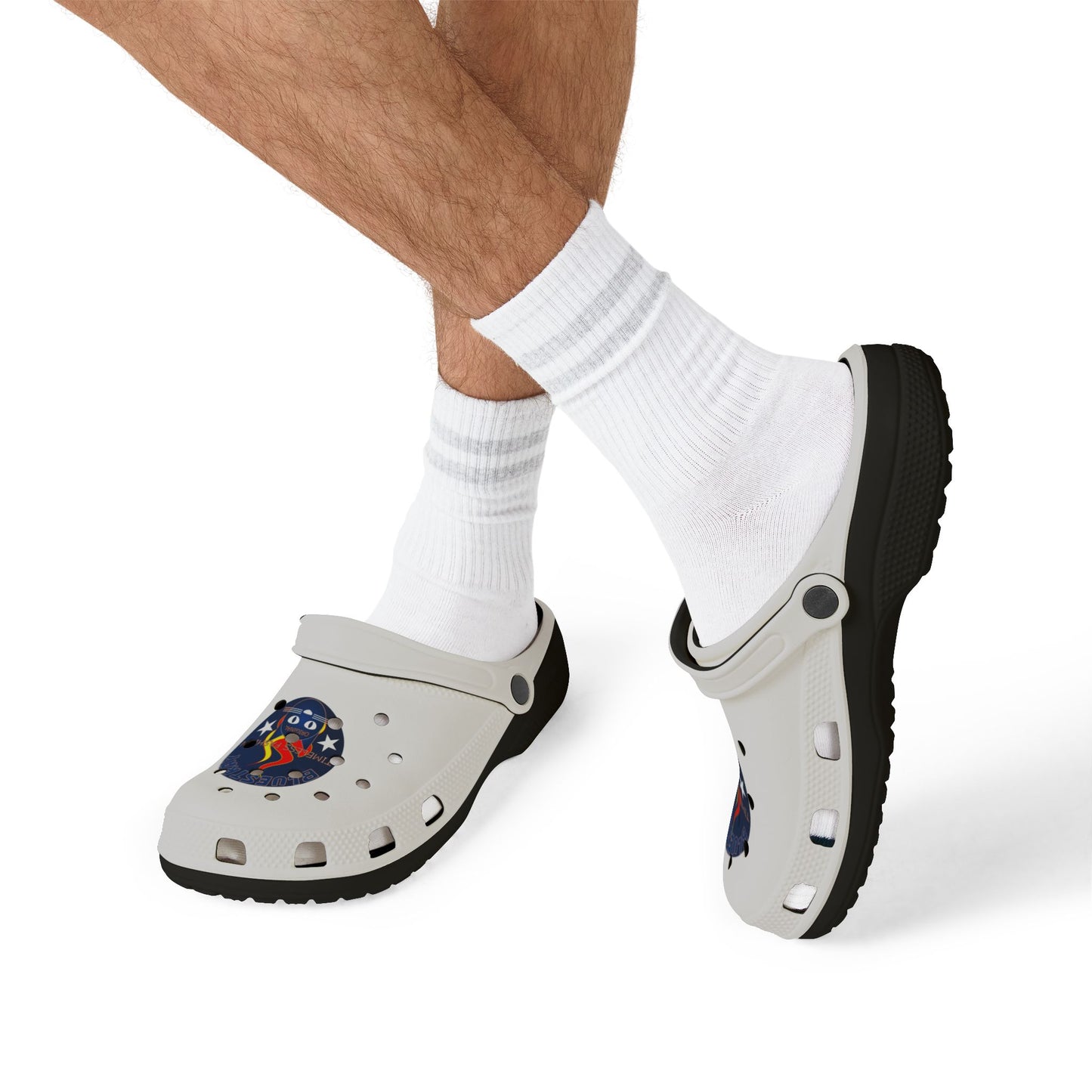 Camping Flame Clogs — White EVA Foam Slip-On Shoes with Bluestray Graphic