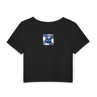 Bluestray Cat Graphic Baby Tee — Retro Indie Band Style Women’s Crop Top