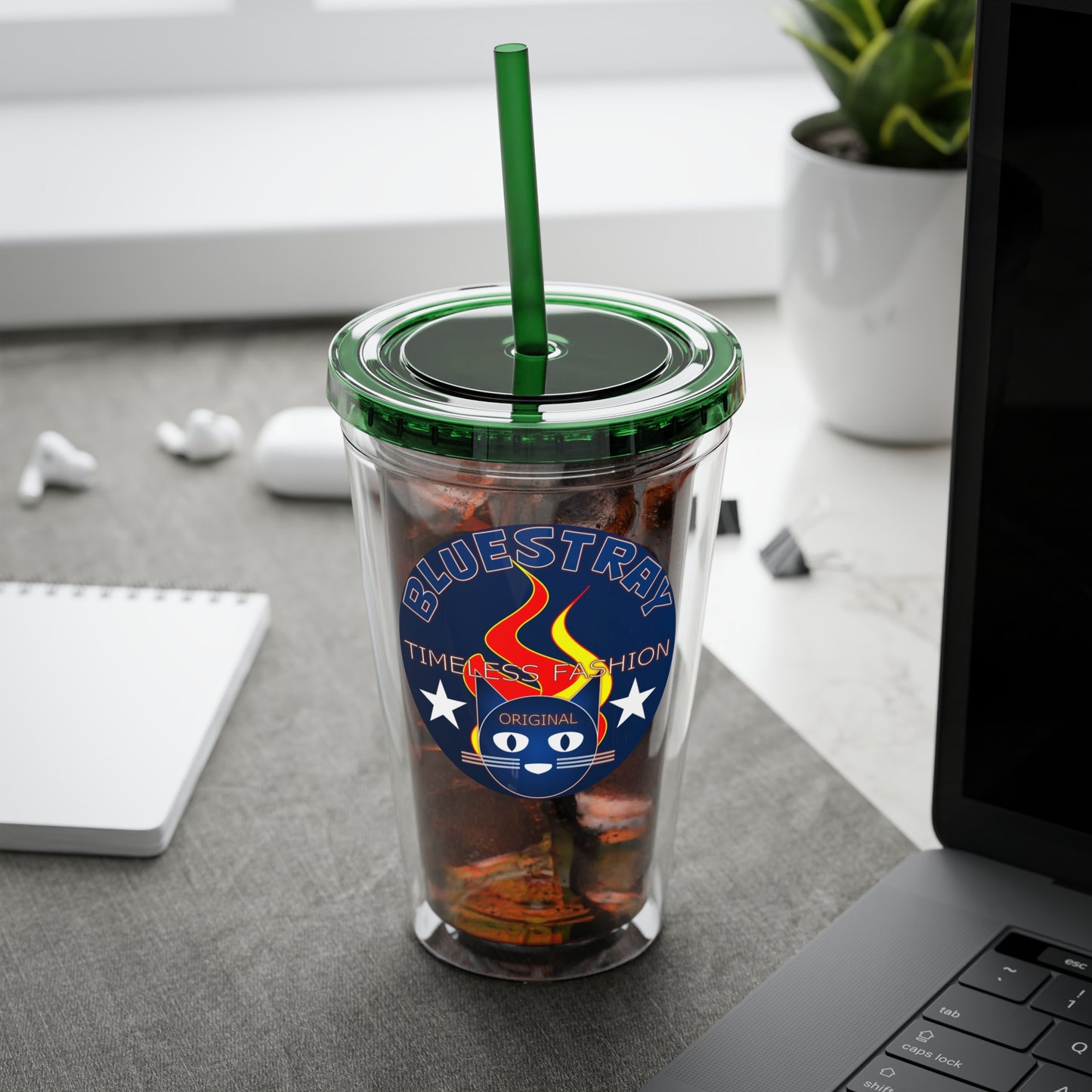 Sunsplash 16oz Clear Tumbler with Straw — Retro Bluestray Flame Crest Design