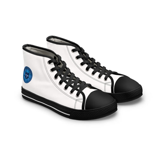 Women's High Top Sneakers — White Canvas Casual Shoes with Bluestray Patch Accent