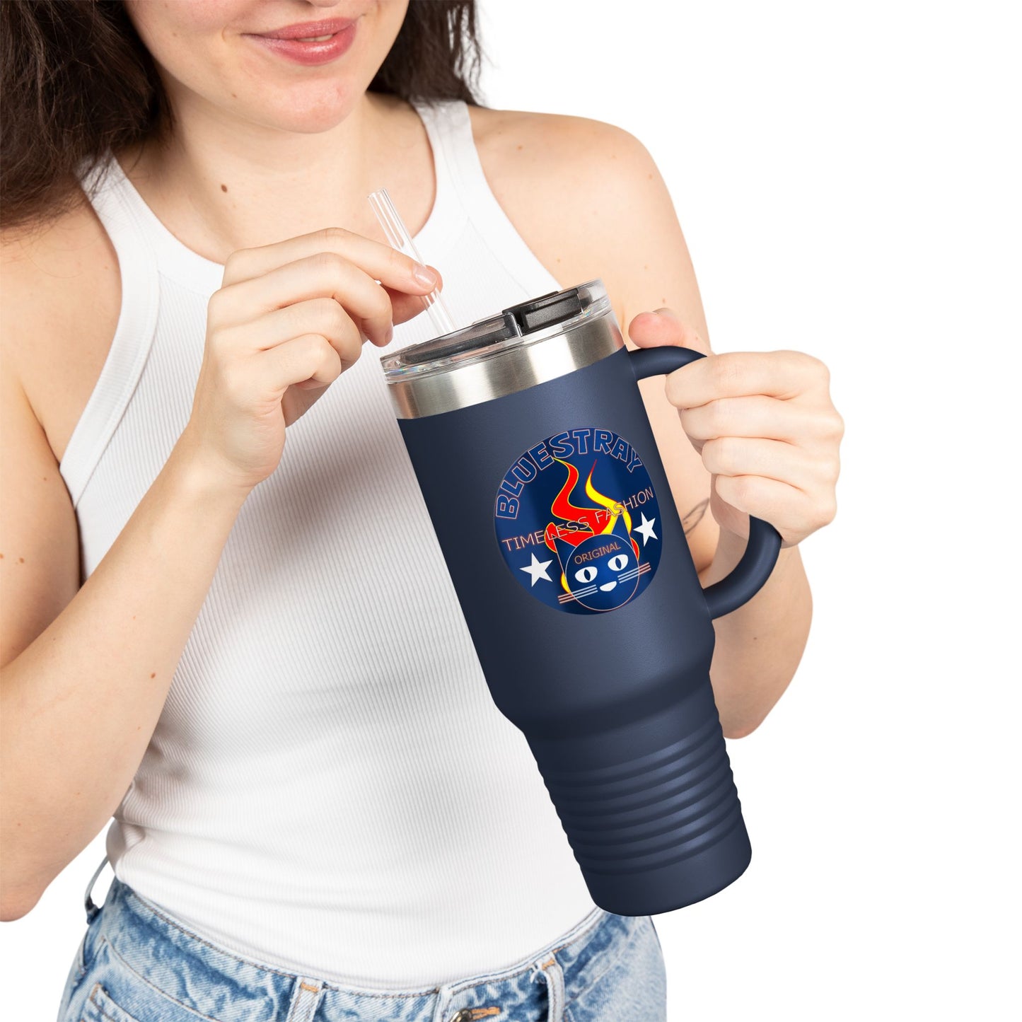 40oz Insulated Travel Mug — Questing Bluestray Cat Logo, Retro Space Adventure Design