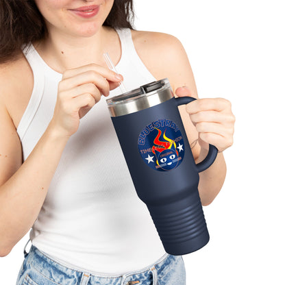 40oz Insulated Travel Mug — Questing Bluestray Cat Logo, Retro Space Adventure Design