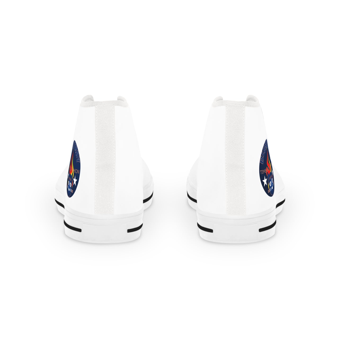 High Top Bluestray Sneakers — Retro Rocket Patch White Canvas Shoes