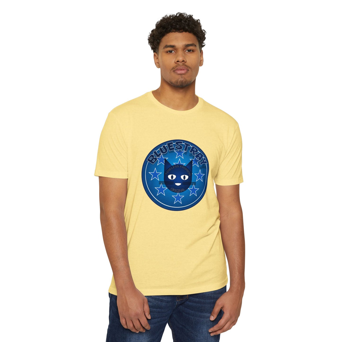 Bluestray Cat Graphic T-Shirt — “Bluestray” Retro Star Logo