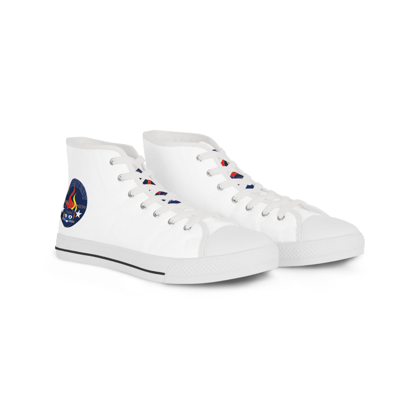 High Top Bluestray Sneakers — Retro Rocket Patch White Canvas Shoes