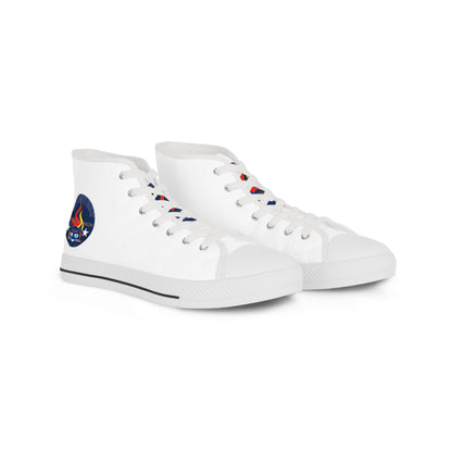 High Top Bluestray Sneakers — Retro Rocket Patch White Canvas Shoes