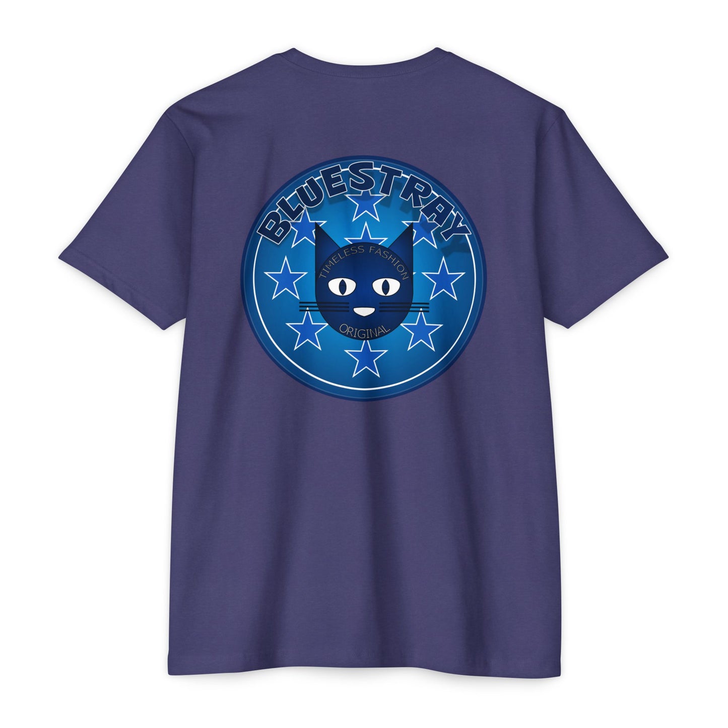 Bluestray Cat Graphic T-Shirt — “Bluestray” Retro Star Logo