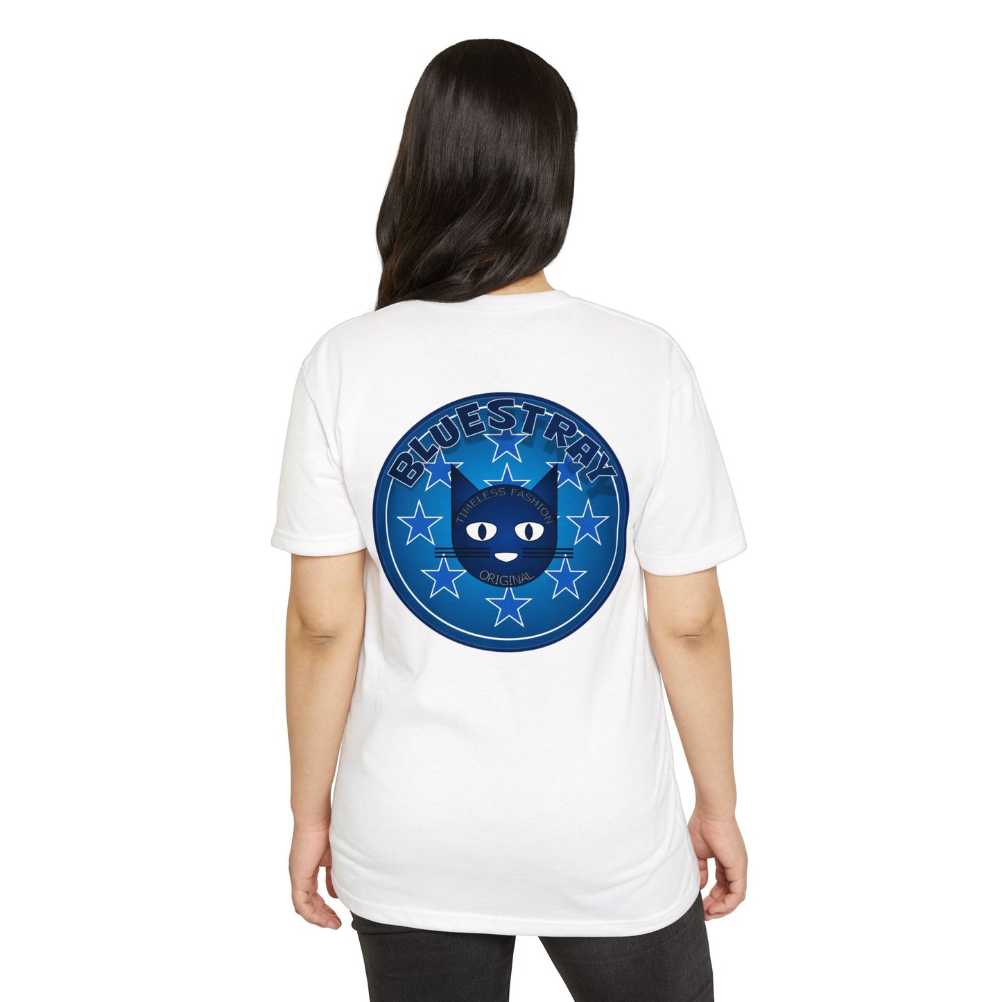 Bluestray Cat Graphic T-Shirt — “Bluestray” Retro Star Logo