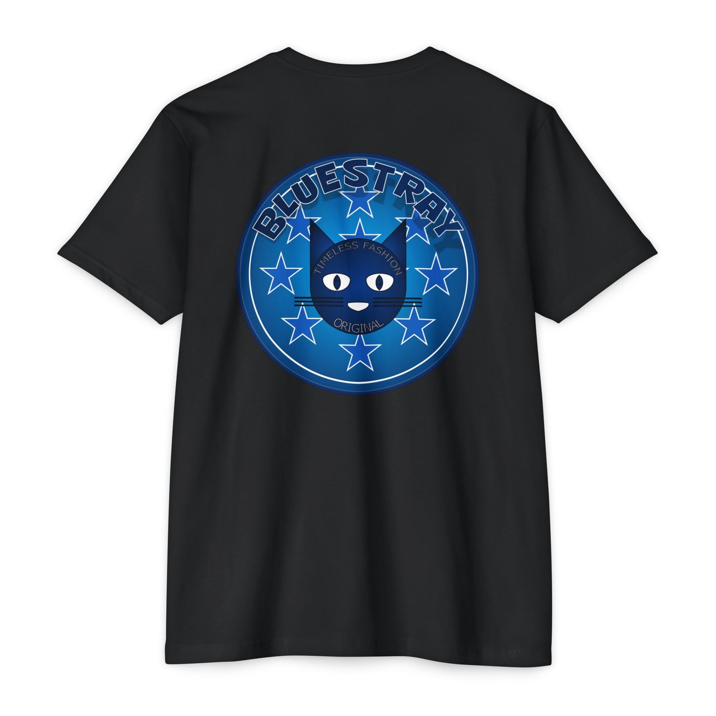 Bluestray Cat Graphic T-Shirt — “Bluestray” Retro Star Logo