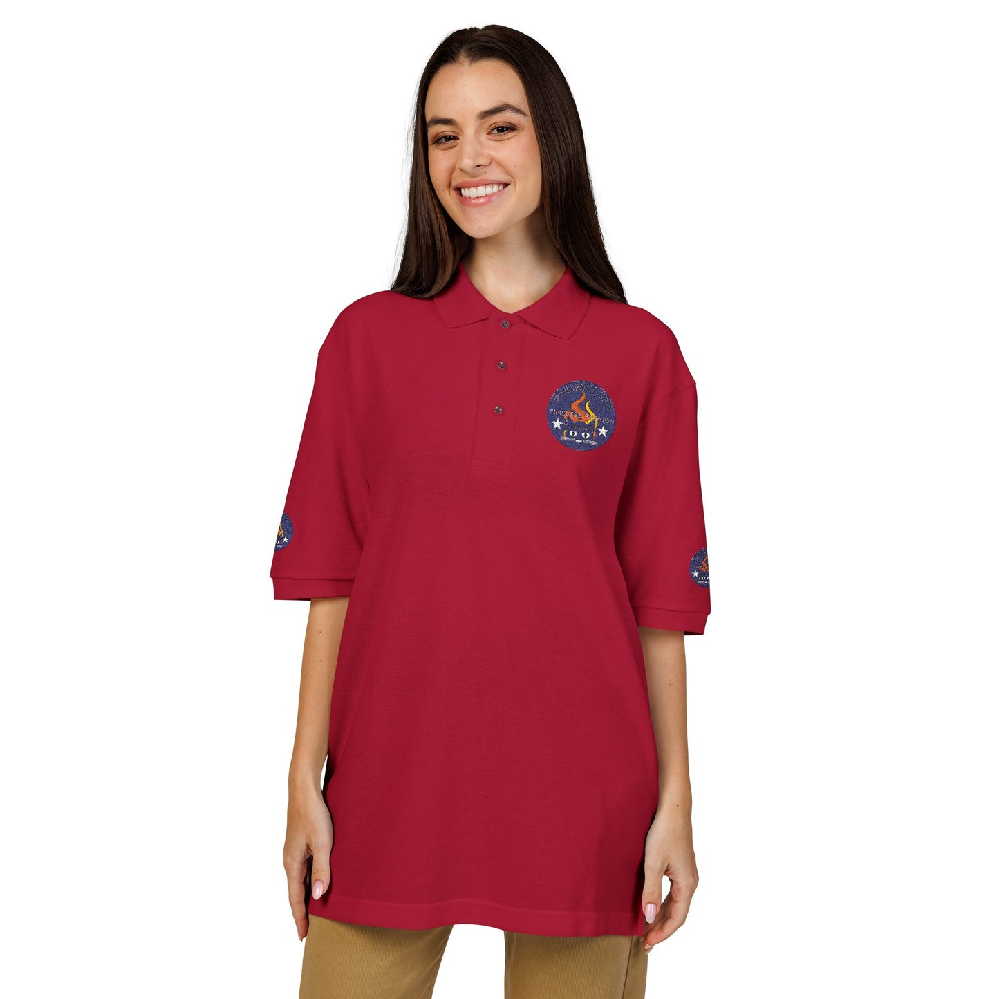 Embroidered Campfire Badge Polo — Outdoor Adventure Bluestray Logo Shirt