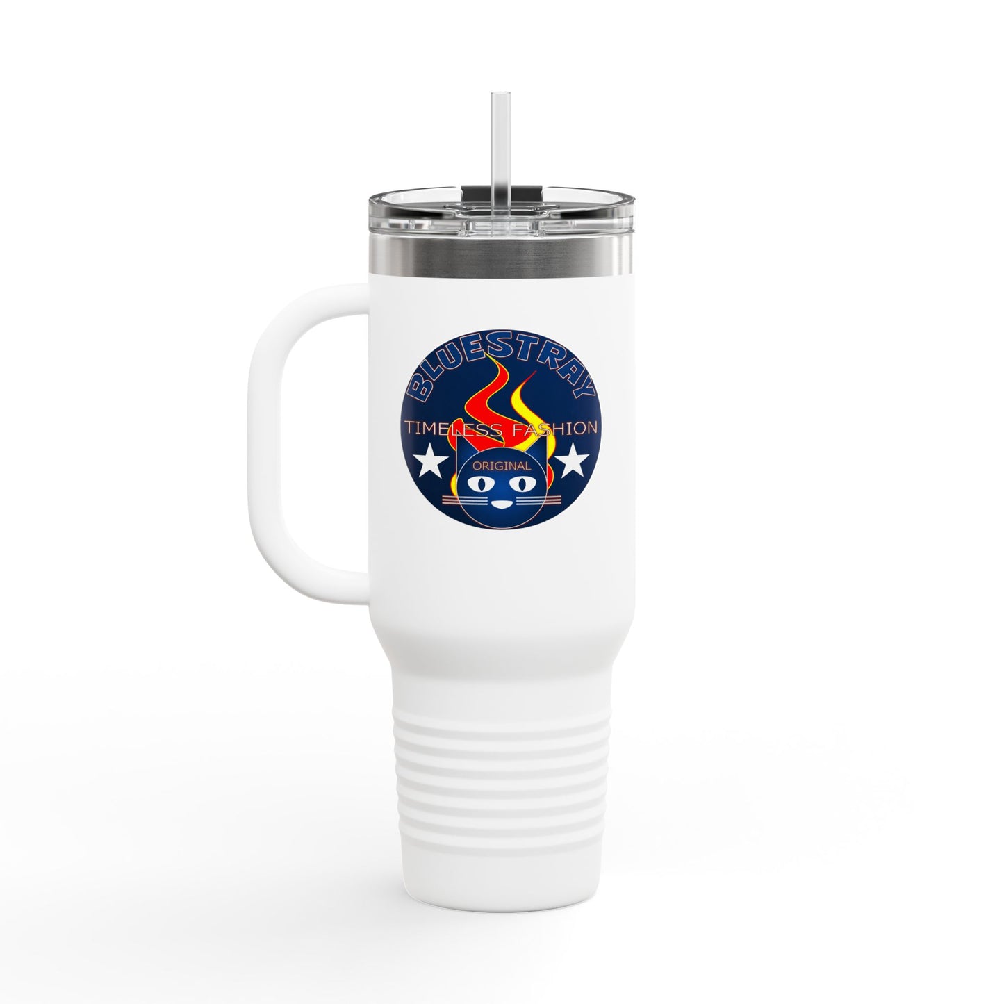 40oz Insulated Travel Mug — Questing Bluestray Cat Logo, Retro Space Adventure Design