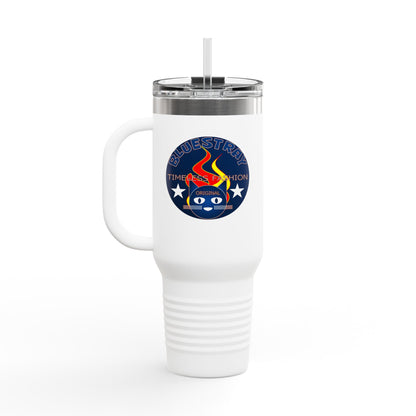 40oz Insulated Travel Mug — Questing Bluestray Cat Logo, Retro Space Adventure Design
