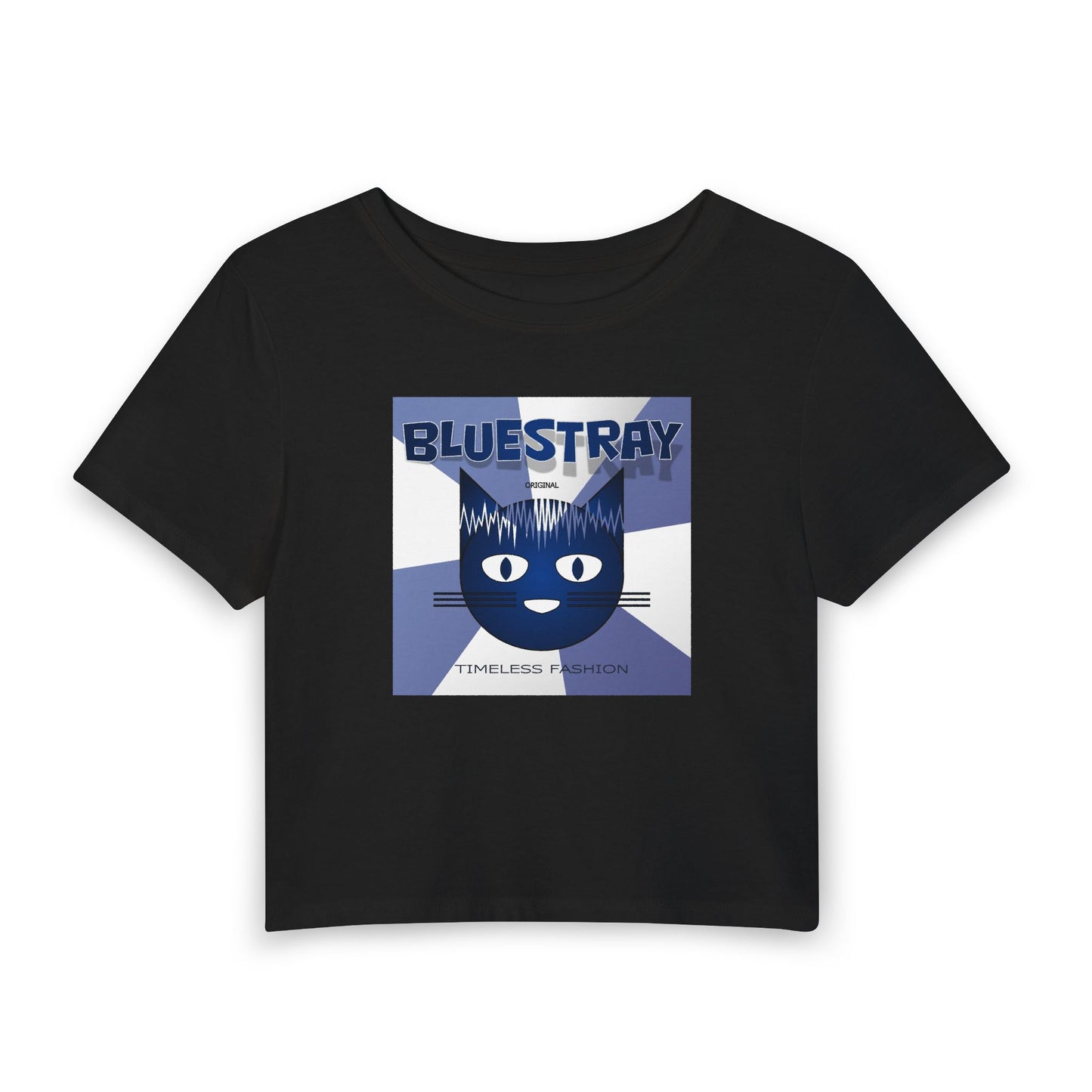 Bluestray Cat Graphic Baby Tee — Retro Indie Band Style Women’s Crop Top