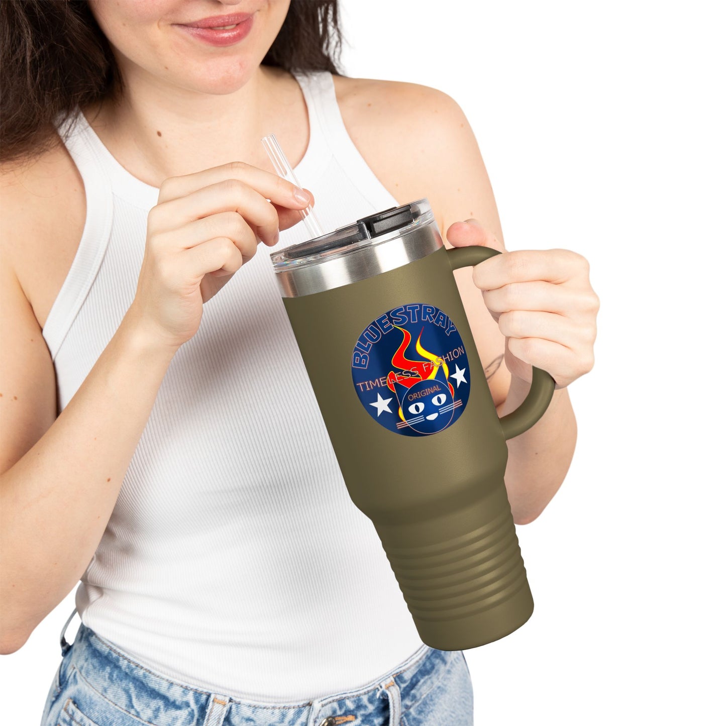40oz Insulated Travel Mug — Questing Bluestray Cat Logo, Retro Space Adventure Design