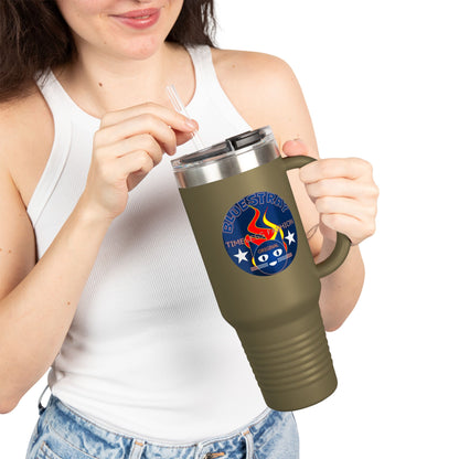 40oz Insulated Travel Mug — Questing Bluestray Cat Logo, Retro Space Adventure Design