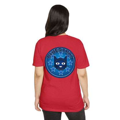 Bluestray Cat Graphic T-Shirt — “Bluestray” Retro Star Logo