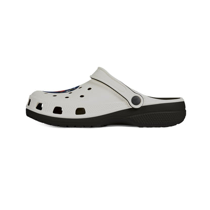 Camping Flame Clogs — White EVA Foam Slip-On Shoes with Bluestray Graphic