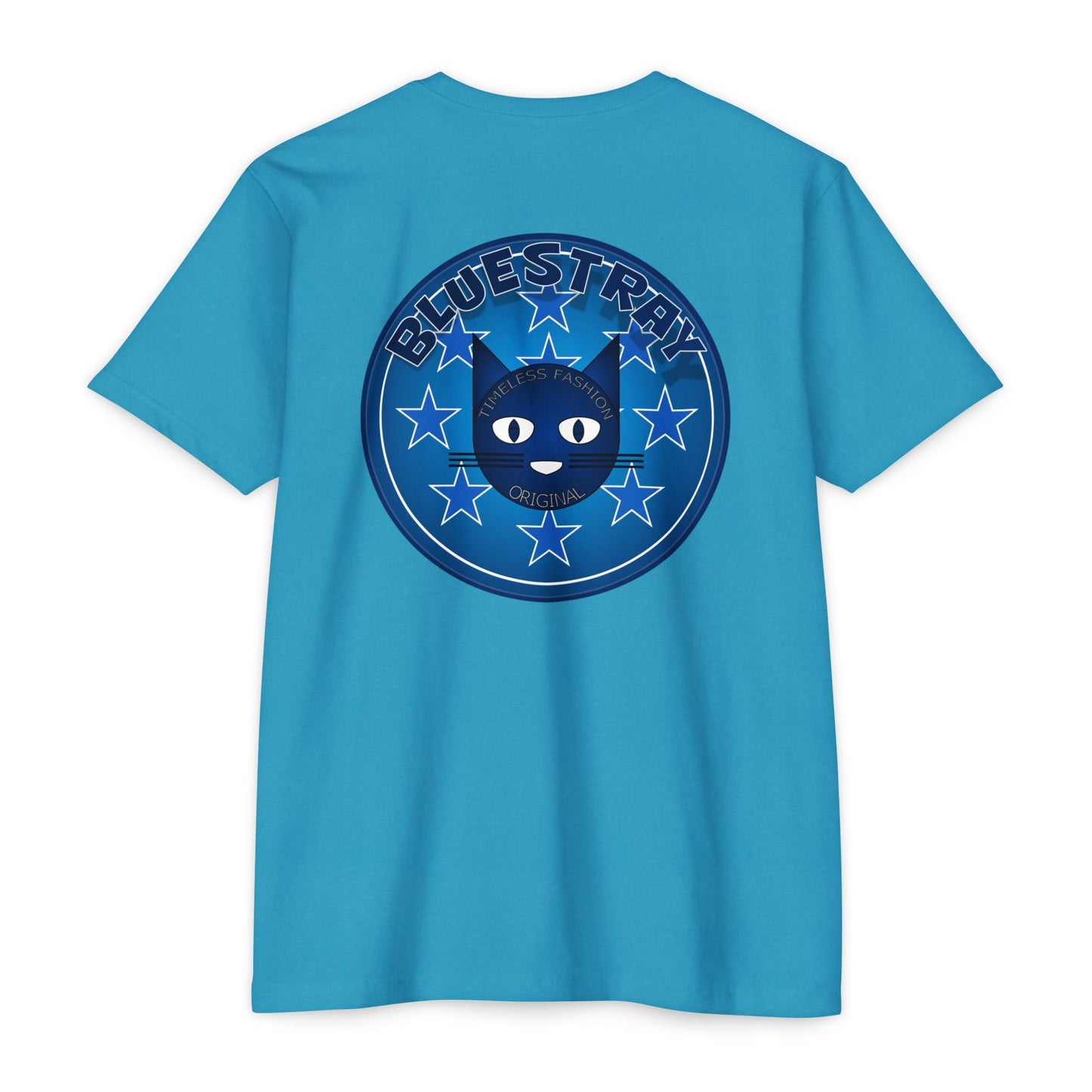 Bluestray Cat Graphic T-Shirt — “Bluestray” Retro Star Logo