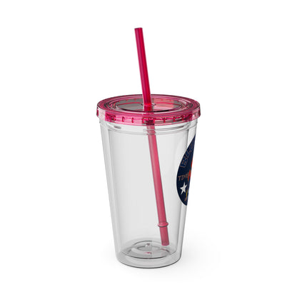 Sunsplash 16oz Clear Tumbler with Straw — Retro Bluestray Flame Crest Design