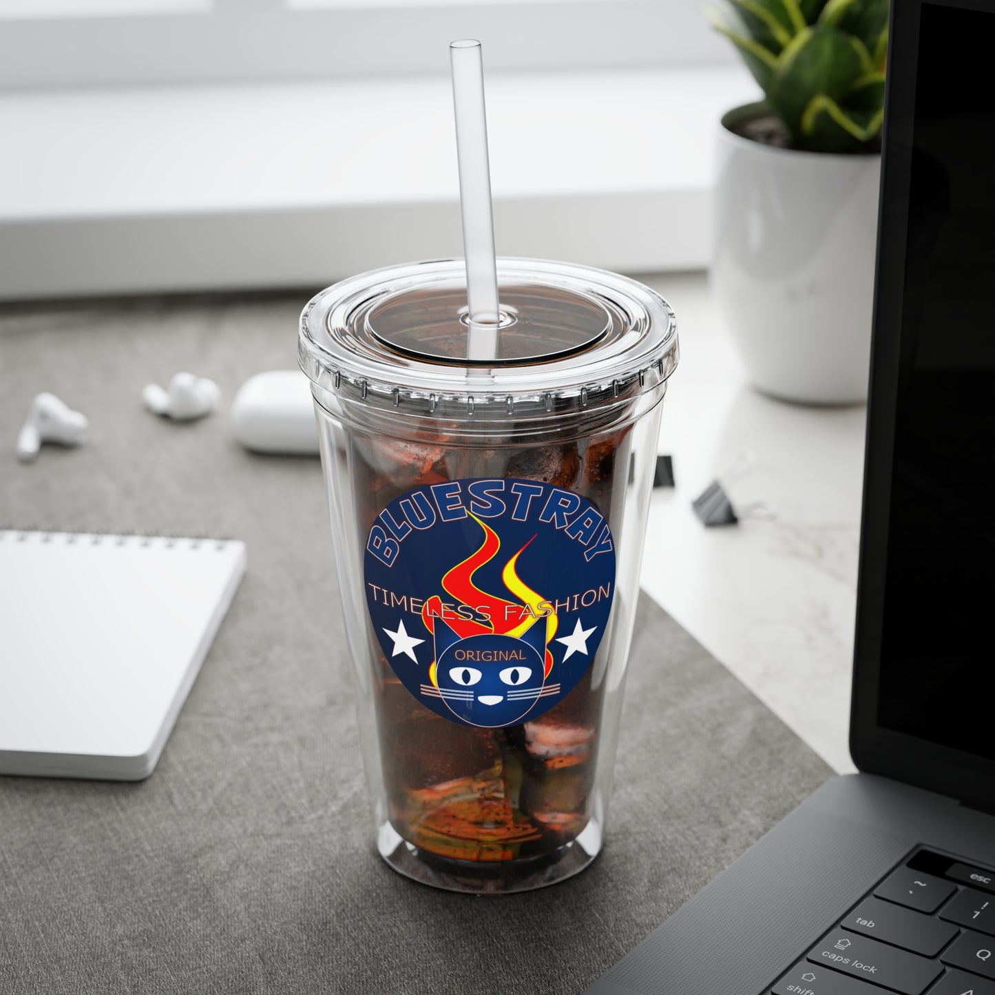 Sunsplash 16oz Clear Tumbler with Straw — Retro Bluestray Flame Crest Design