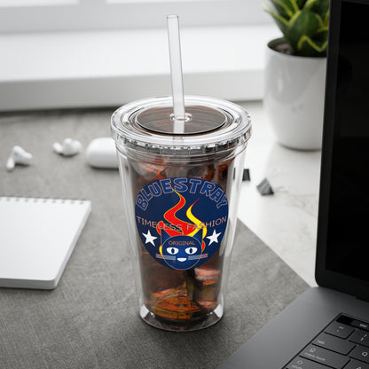Sunsplash 16oz Clear Tumbler with Straw — Retro Bluestray Flame Crest Design