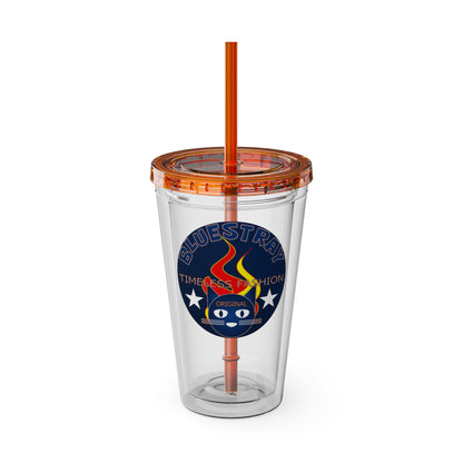 Sunsplash 16oz Clear Tumbler with Straw — Retro Bluestray Flame Crest Design