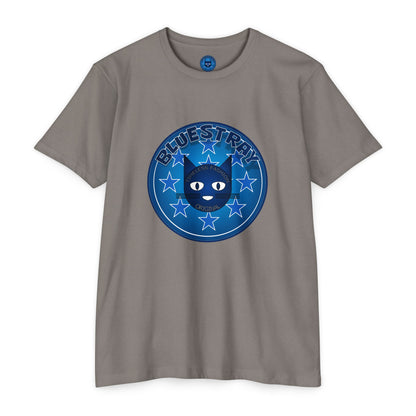 Bluestray Cat Graphic T-Shirt — “Bluestray” Retro Star Logo