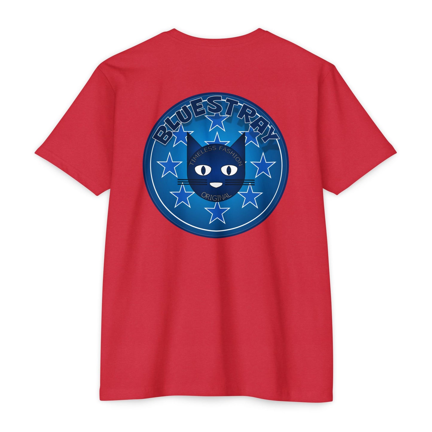 Bluestray Cat Graphic T-Shirt — “Bluestray” Retro Star Logo