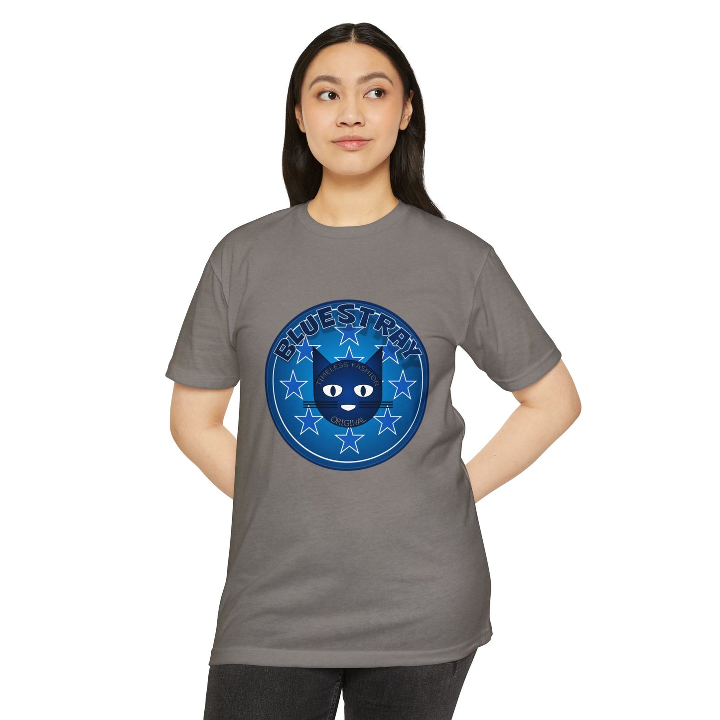 Bluestray Cat Graphic T-Shirt — “Bluestray” Retro Star Logo