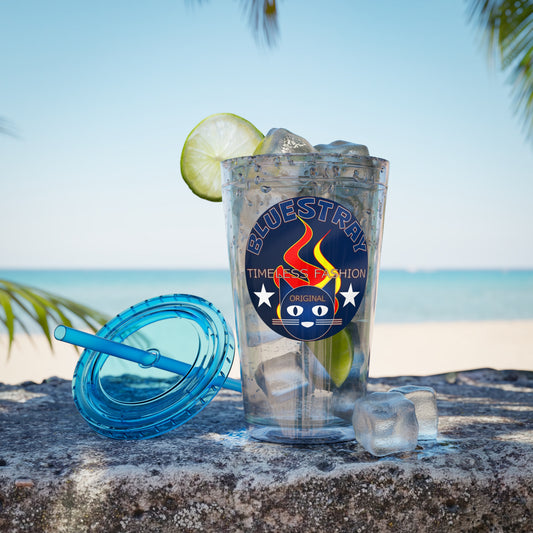 Sunsplash 16oz Clear Tumbler with Straw — Retro Bluestray Flame Crest Design