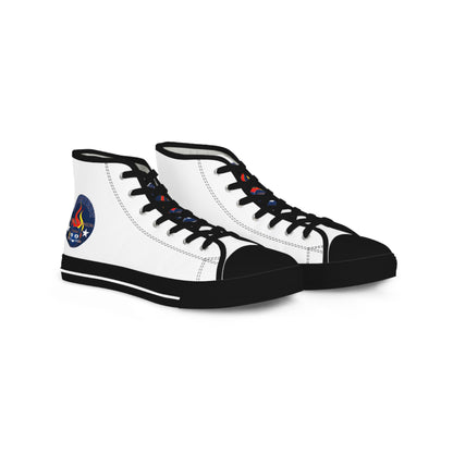 High Top Bluestray Sneakers — Retro Rocket Patch White Canvas Shoes