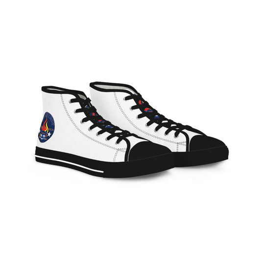 High Top Bluestray Sneakers — Retro Rocket Patch White Canvas Shoes