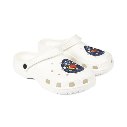 Camping Flame Clogs — White EVA Foam Slip-On Shoes with Bluestray Graphic
