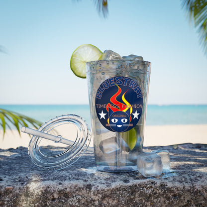 Sunsplash 16oz Clear Tumbler with Straw — Retro Bluestray Flame Crest Design